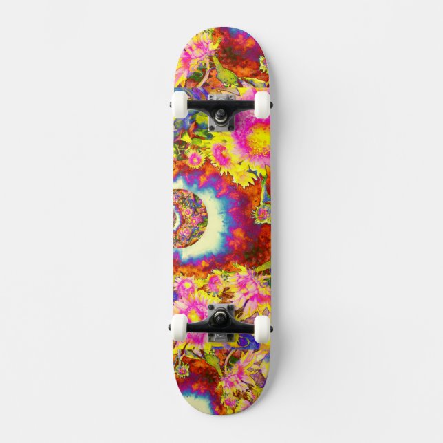Skateboard Élégant boho rétro tournesol fleurs rose jaune (Recto)