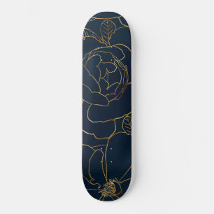 Skateboard Elegant Gold Roses Floral Drawing Blue Design