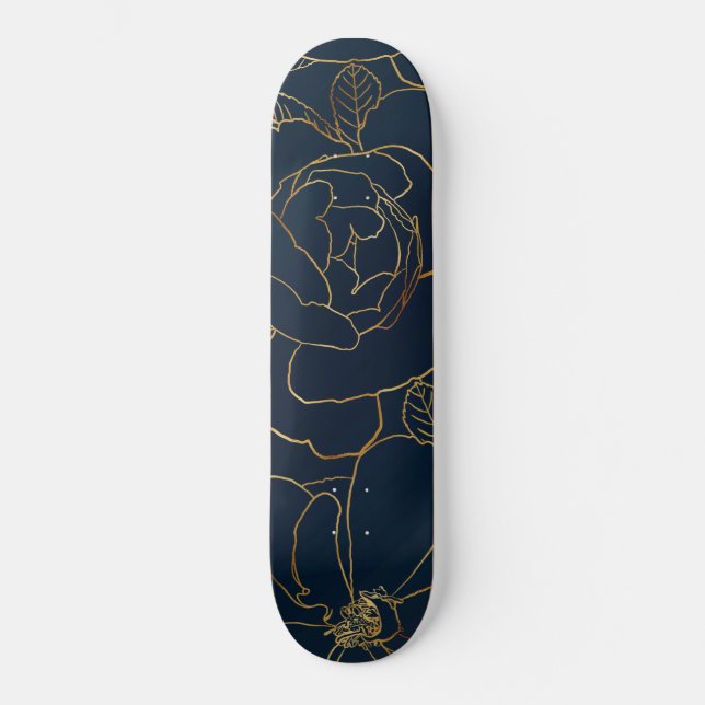 Skateboard Elegant Gold Roses Floral Drawing Blue Design (Recto)