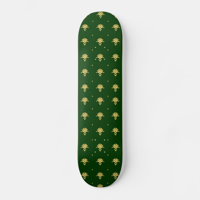 Skateboard Elegant Green et Gold Damask (Recto)
