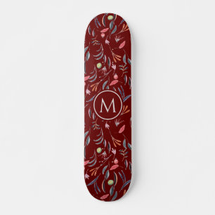 Skateboard Élégant MONOGRAM D'Aquarelle Florale Bourgogne