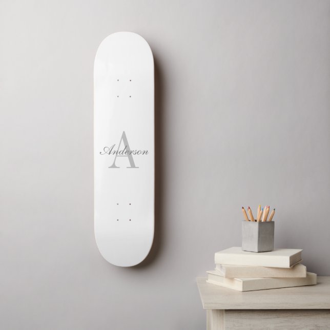 Skateboard Élégant Monogramme blanc et gris (Art mural)