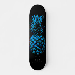 Skateboard Élégant Monogramme d'ananas bleu minimaliste perso