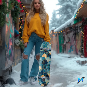 Skateboard Élégant Motif de ventilateur Abstrait en bleu cont