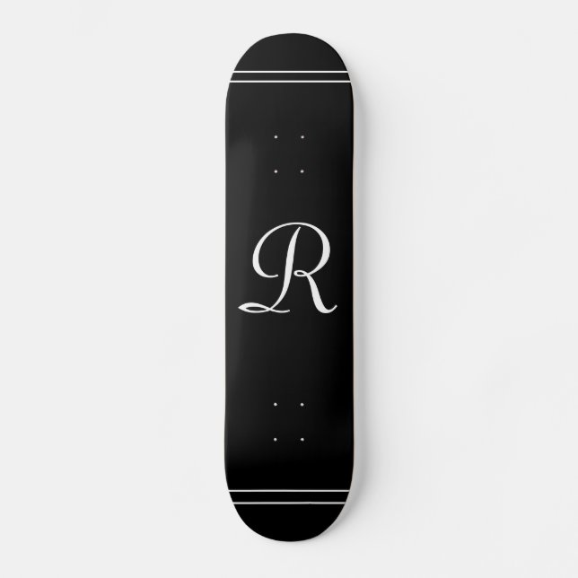 Skateboard Élégant noir et blanc Monogramme Personnalisé (Recto)