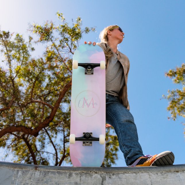 Skateboard Elégant Pastel bleu rose aquarelle peinture (Extérieur 1)