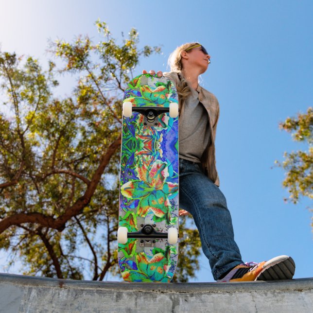 Skateboard Élégant vert abstrait rose turquoise boho floral (Extérieur 1)