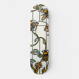 Skateboard Élégant vitrail d'art nouveau botanique abeille