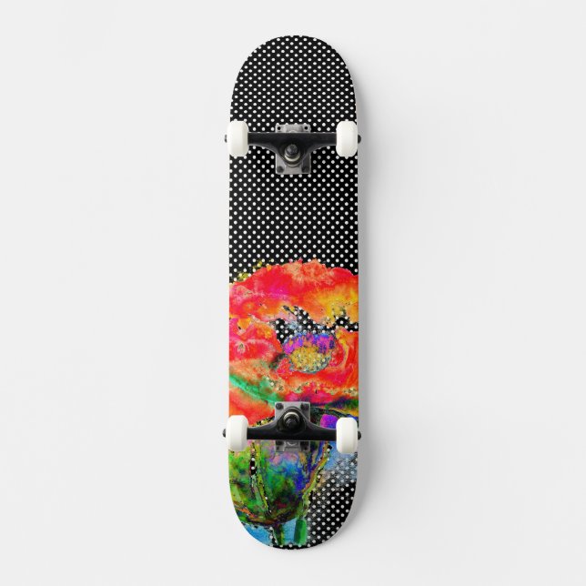 Skateboard Elégante couleur abstraite rouge florale noir (Recto)
