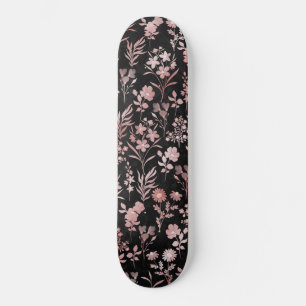 Skateboard Élégante Rose Fleurs d'or Noir Botanique