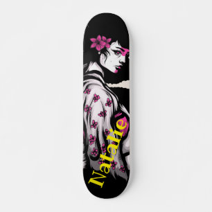 Skateboard Elle porte une fleur noire et rose dans sa peau de
