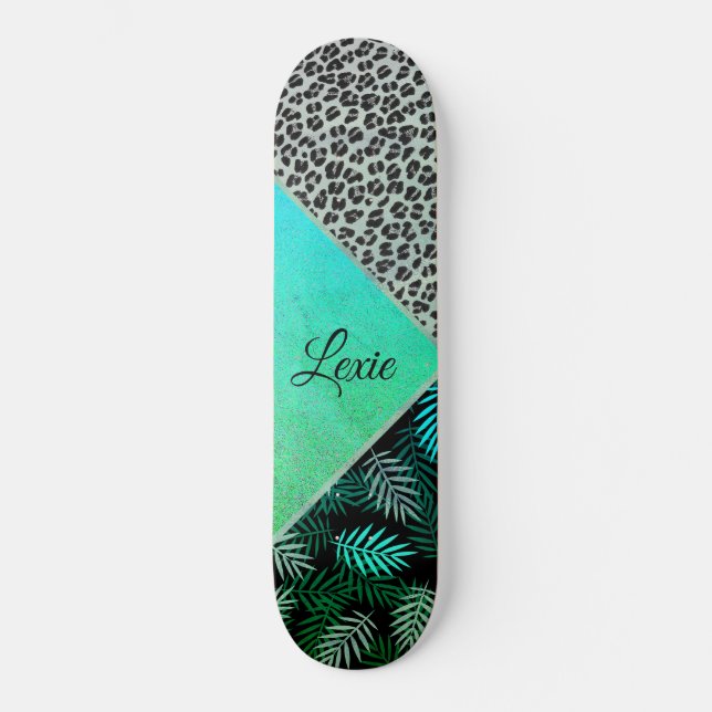 Skateboard Empreinte de léopard Tropical Turquoise (Recto)