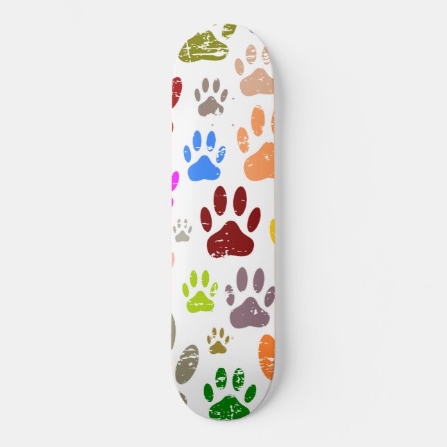 Skateboard Empreintes de pattes de chiens colorés en détresse (Recto)