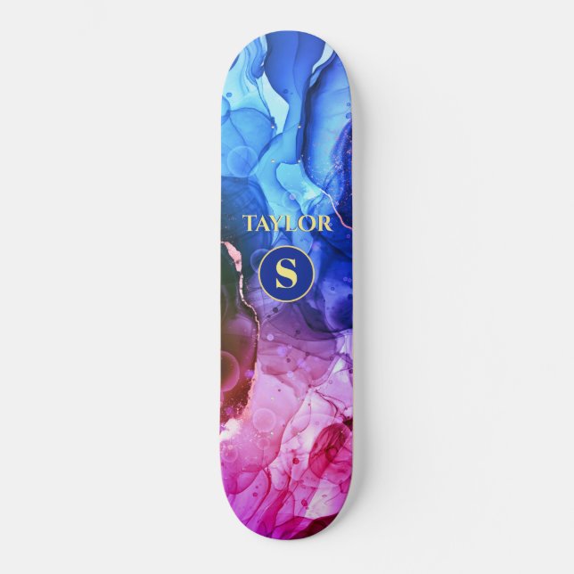 Skateboard Encre Liquide Violet Rouge Bleu, Monogramme & Nom (Recto)