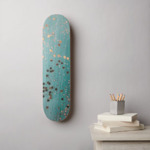Skateboard Étoiles d'or chatoyantes sur Turquoise