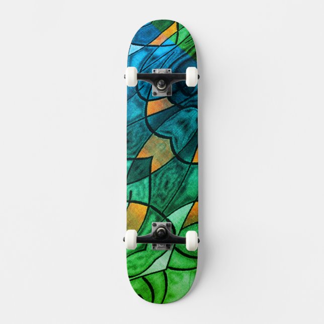 Skateboard Expressionnisme moderne bleu vert (Recto)