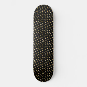 Skateboard Faux Lune et Étoiles en Or sur Fond Noir