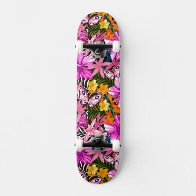 Skateboard Feuille et fleurs tropicaux (Recto)