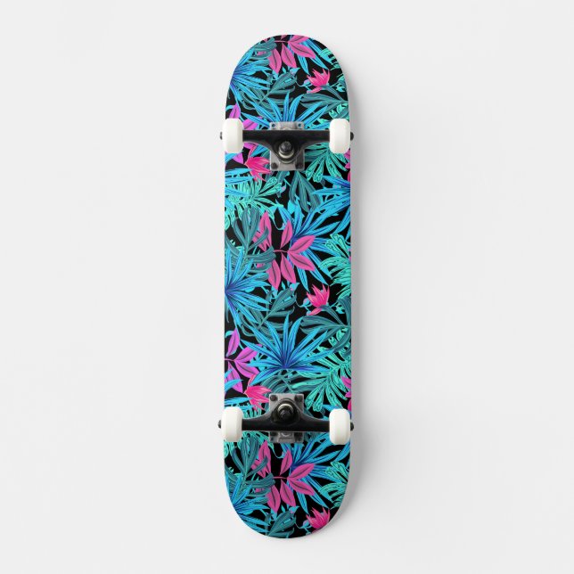 Skateboard Feuilles tropicaux bleu et rose (Recto)