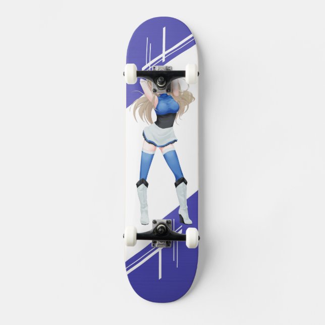 Skateboard Fille de l'Estonie Manga habillée dans le drapeau (Recto)