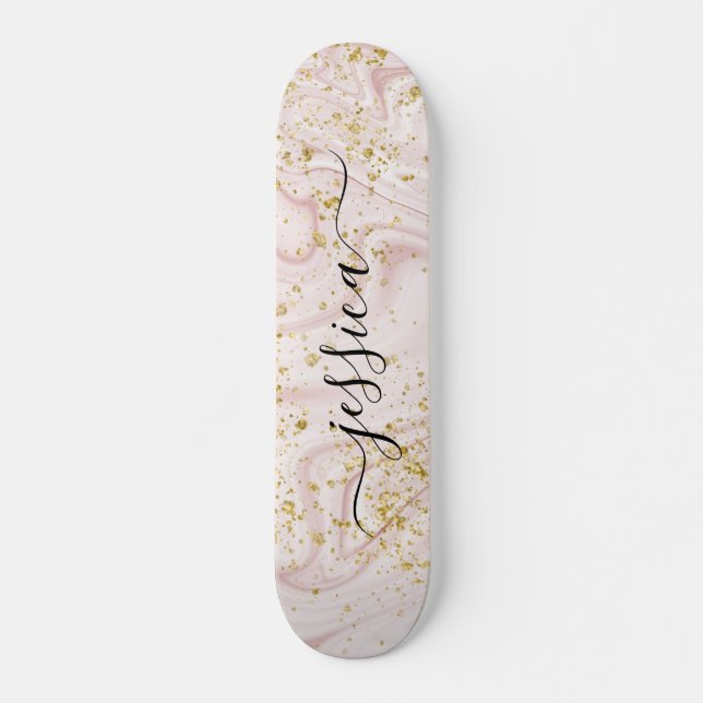 Skateboard Fille en marbre rose rousse or parties scintillant (Devant)