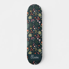 Skateboard Fille et Cool Moderne Marine Bleu Fleurs Botanique