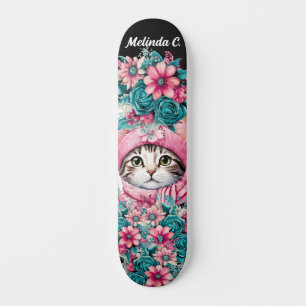 Skateboard Fille Fleurs Turquoises et roses Noël Kitten