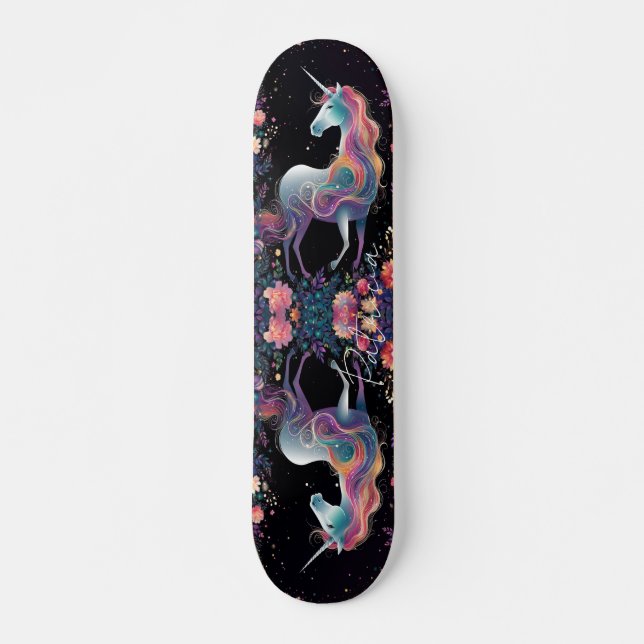 Skateboard Fille Floral Unicorn Couleurs arc-en-ciel (Devant)