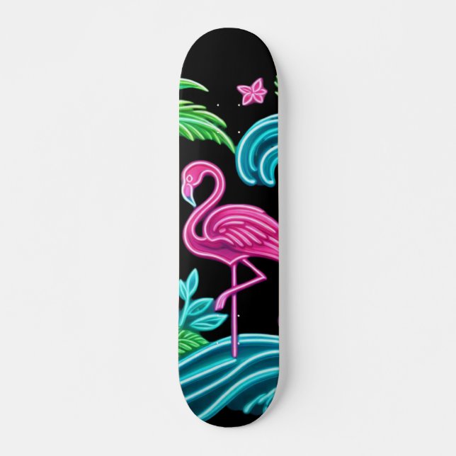Skateboard Flamant rose de néon tropical (Devant)