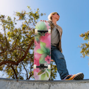 Skateboard Fleur botanique à l'aquarelle rose vert