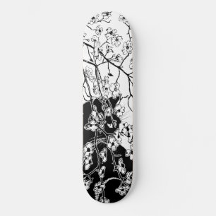 Skateboard Fleur cerisier Chat noir Floral noir et blanc