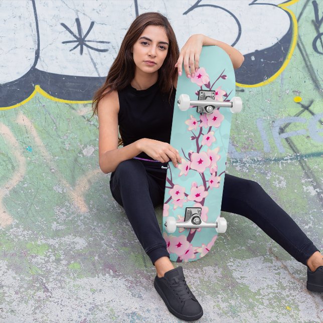 Skateboard Fleur de cerise rose Turquoise (Créateur téléchargé)