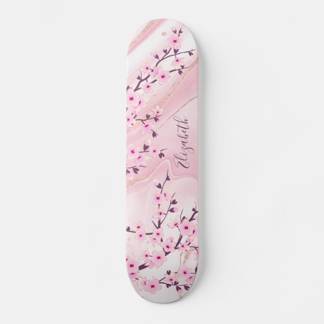 Skateboard Fleur de cerisier de marbre clair Monogramme Girls (Recto)