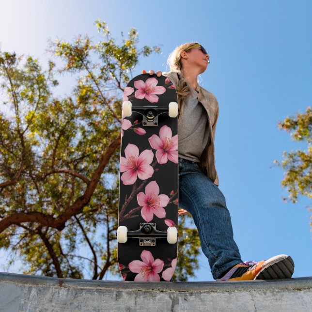 Skateboard Fleur de cerisier floral Monogramme Fille rose noi (Extérieur 1)
