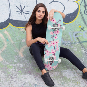 Skateboard Fleur de cerisier rose turquoise