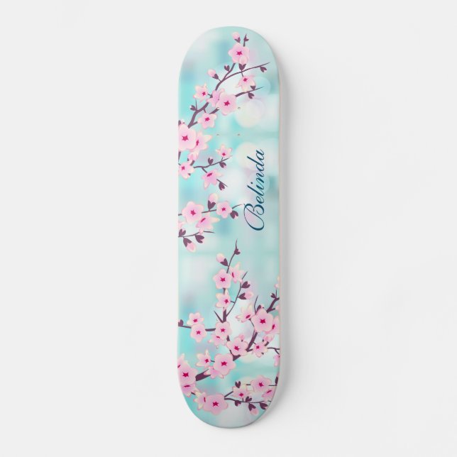 Skateboard Fleur de cerisier rose Turquoise Bokeh Monogram Gi (Recto)