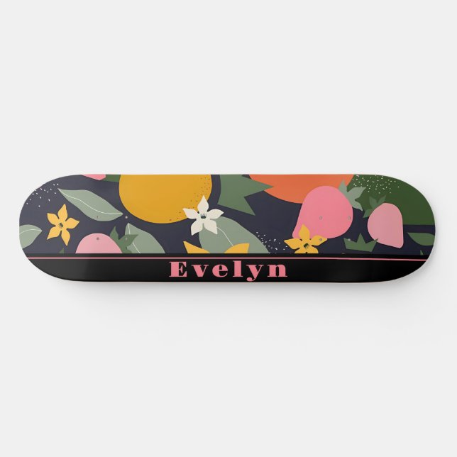 Skateboard Fleur de fille noire rose personnalisée (Horz)