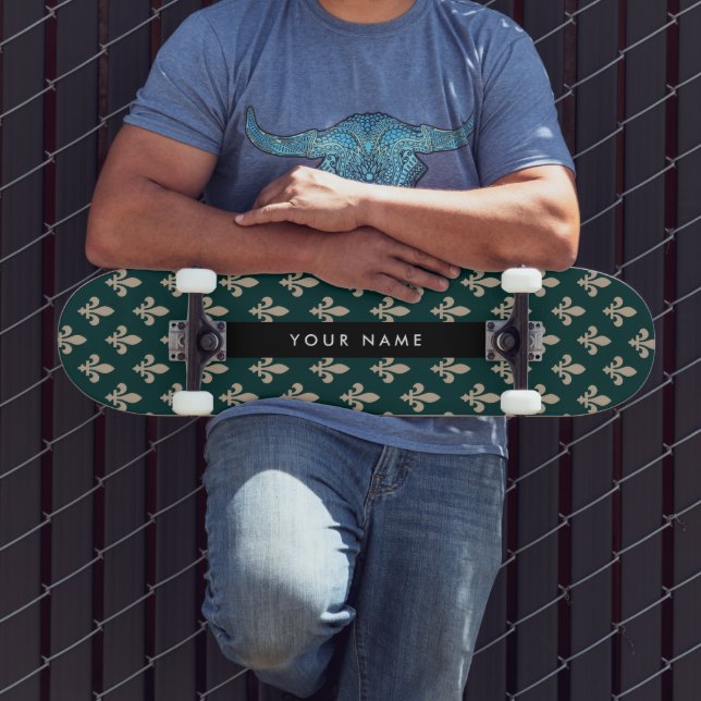 Skateboard Fleur de Lis, Beige on Green, Royal, Your Name (Extérieur 3)