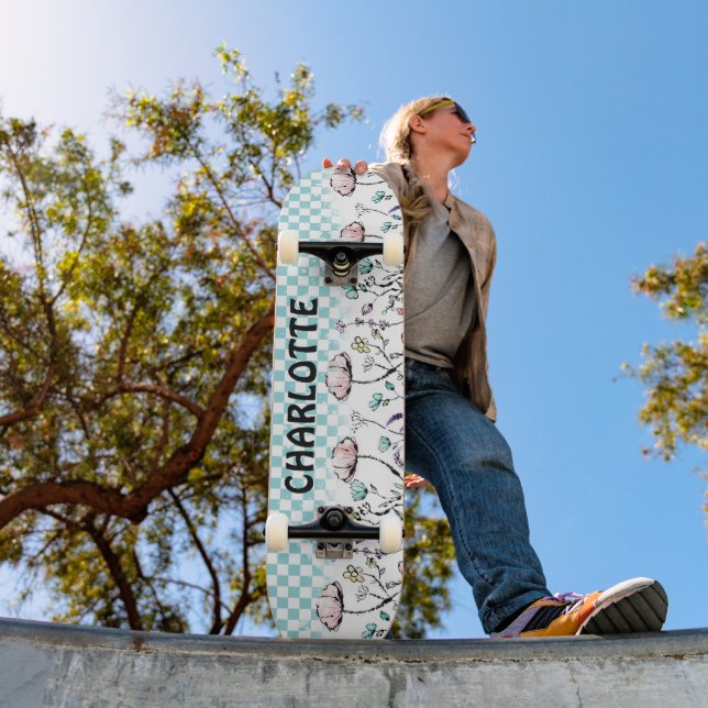 Skateboard Fleur sauvage et Motif À damiers (Extérieur 1)