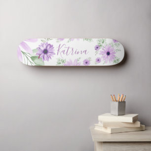 Skateboard Fleurs d'aquarelle couleur verte violet personnali