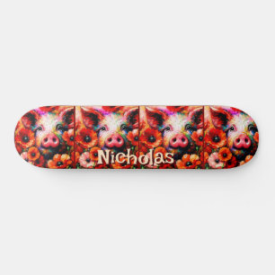 Skateboard Fleurs de cochon rouge impressionniste Personnalis