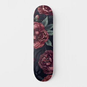 Skateboard Fleurs lunatiques motif aquarelle rouge foncé