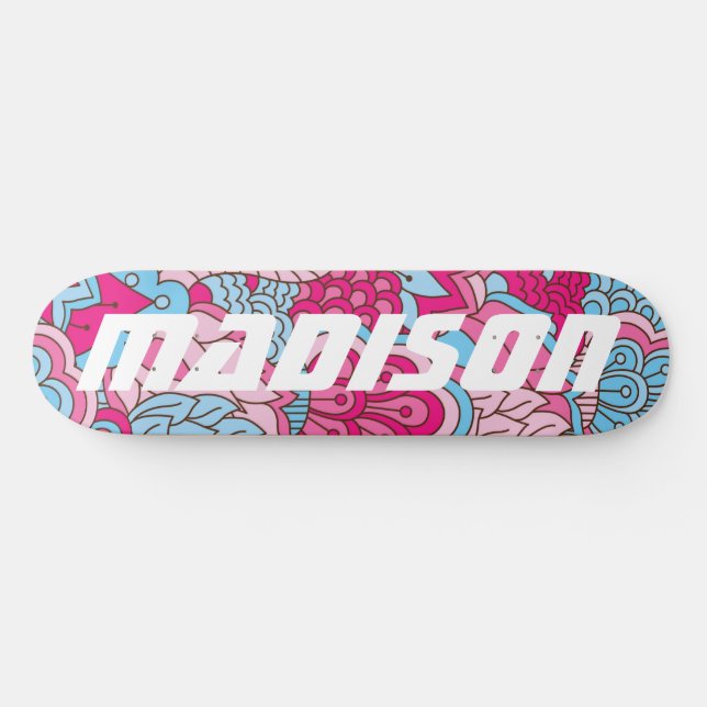 Skateboard Fleurs rose moderne Fille Florale Nom personnalisé (Horz)