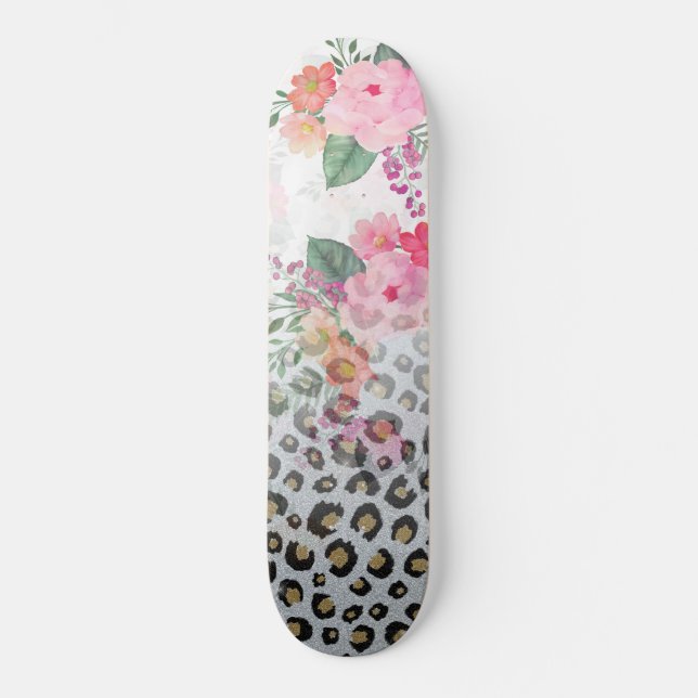 Skateboard Fleurs roses Empreintes de léopard noires en argen (Recto)