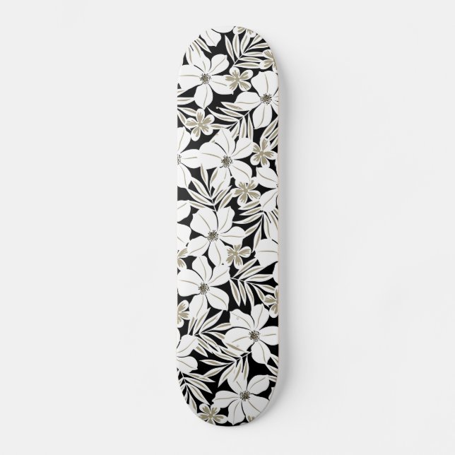 Skateboard Fleurs tropicales blanches en noir (Recto)