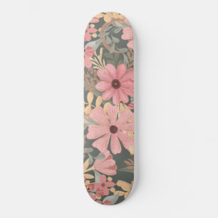Skateboard Fleurs vertes rose Sage Laisser Motif Aquarelle