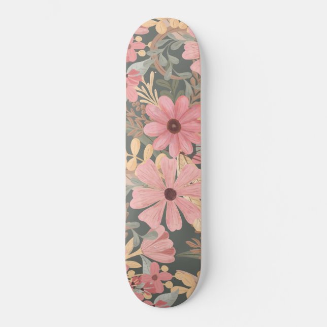 Skateboard Fleurs vertes rose Sage Laisser Motif Aquarelle (Recto)