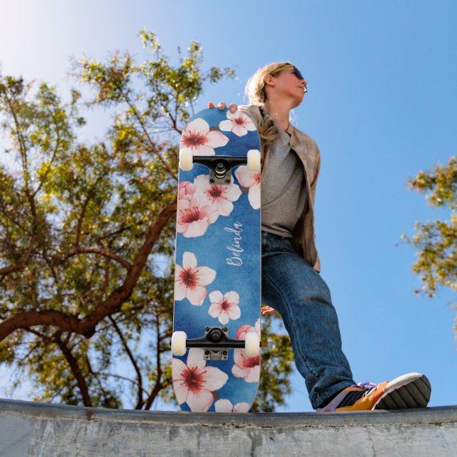 Skateboard Floral Cherry Blossom Monogram Blue Pink Girly (Extérieur 1)