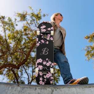 Skateboard Floral Fleur de cerisier Monogramme rose noire