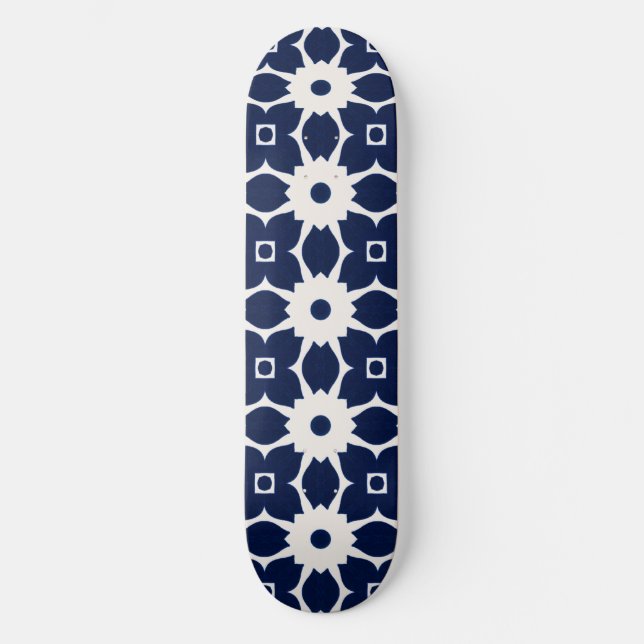 Skateboard Floral géométrique bleu et blanc de la Marine (Recto)
